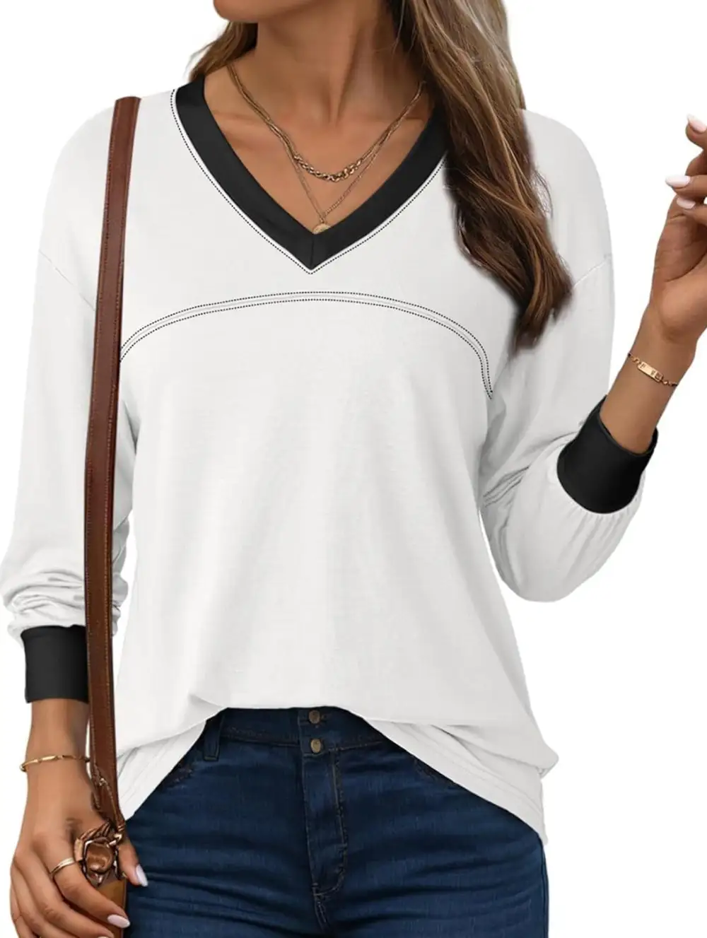 Contrast V Neck Loose Sweatshirt