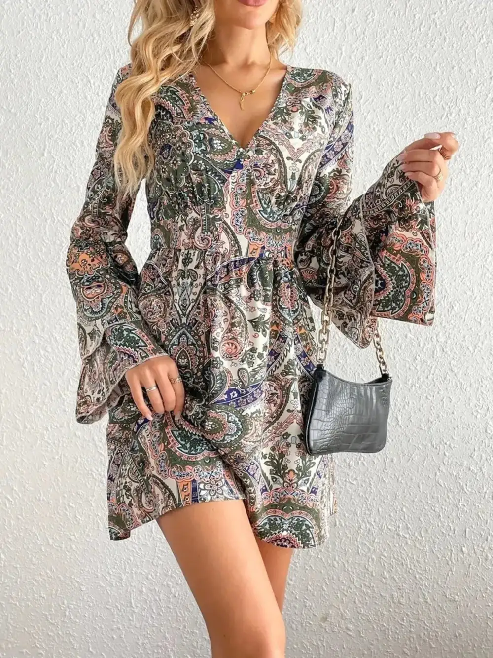 Paisley Printed Bell Sleeve Mini Dress