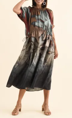 Below-Knee Floral Silk Pocket Puff-Sleeve Round-Neck Half-Sleeve Dress