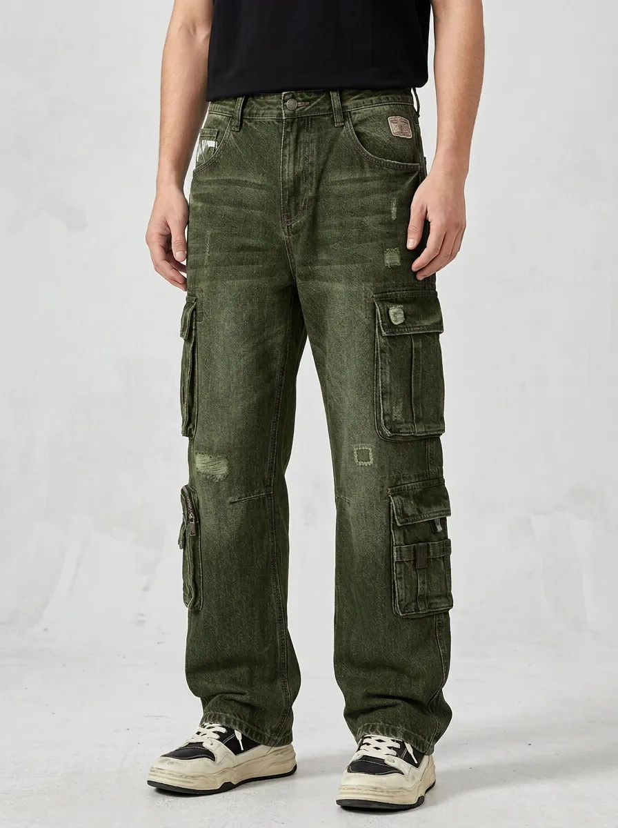 Men's Forge Streetwear Distressed Denim Multi-Pocket Cargo Jeans