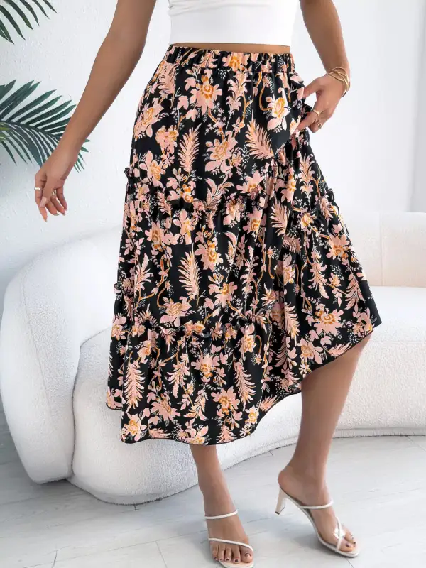 Print Ruffle Hem Flowy Midi Skirt