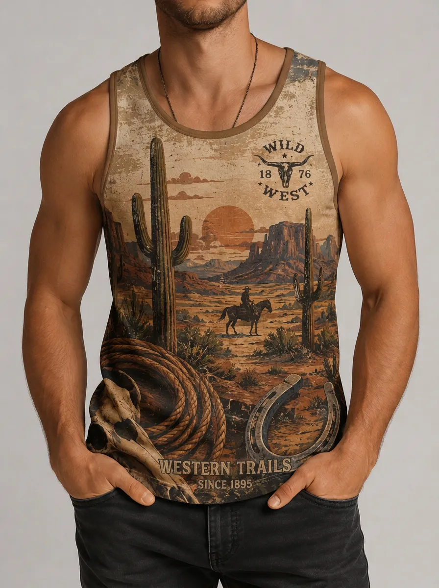 Men's Wild West Cowboy Cactus Printed Tank Top