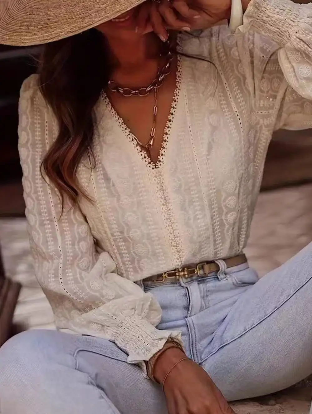 V Neck Design Long Sleeve Blouse