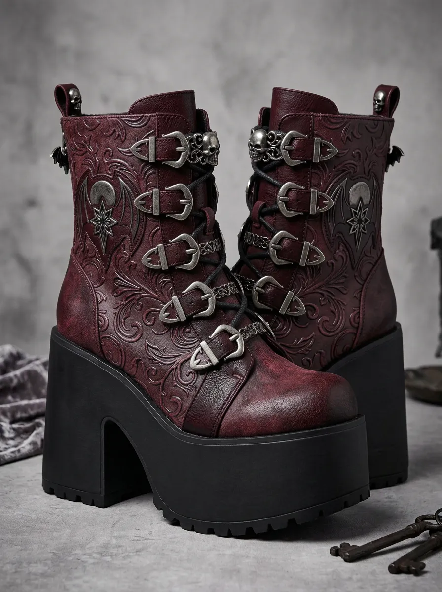 Dark Skull Bat Wing Detail Women's Gothic Platform Boots