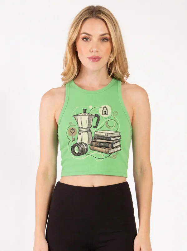 Women's Coffee Book Camera Lover Printed Crop Tank Top