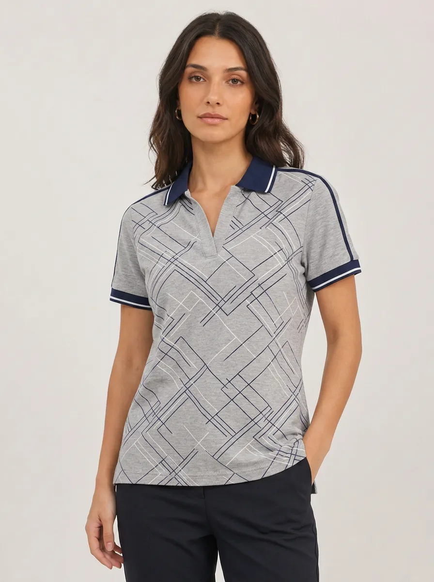 Women's Geometric Grid Pattern Printed Polo Shirt
