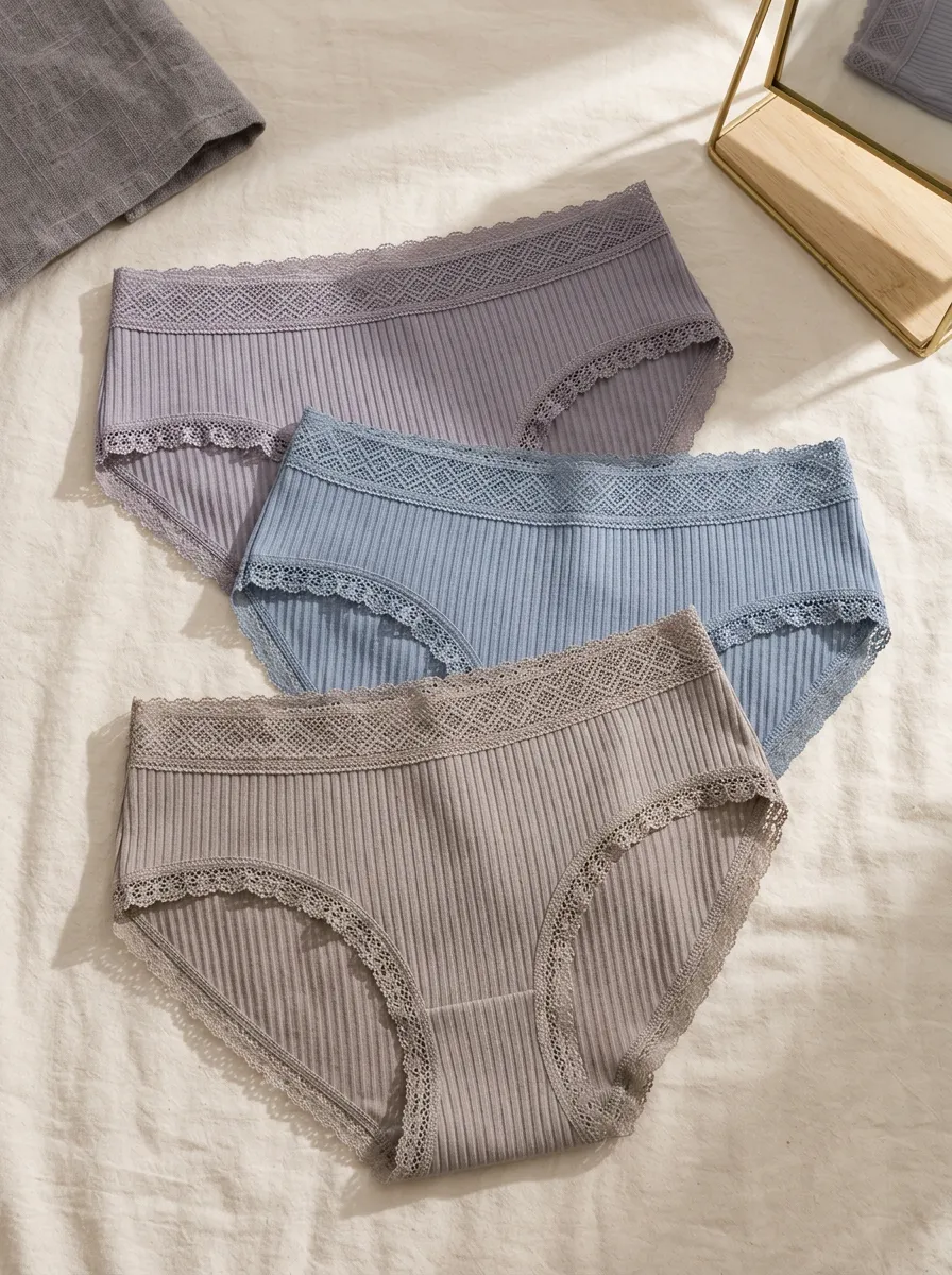 Women's Textured Assorted Ribbed Lace-Trim Briefs Set