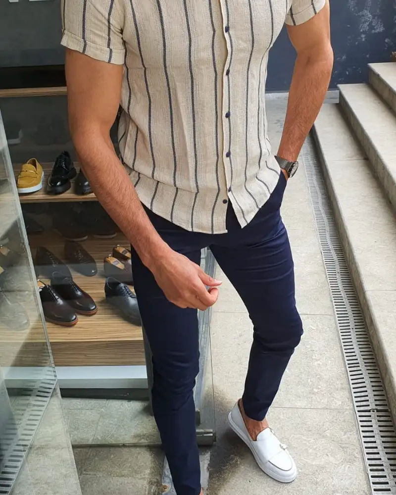 Short Sleeve Slim Fit Striped Cotton Casual Shirt