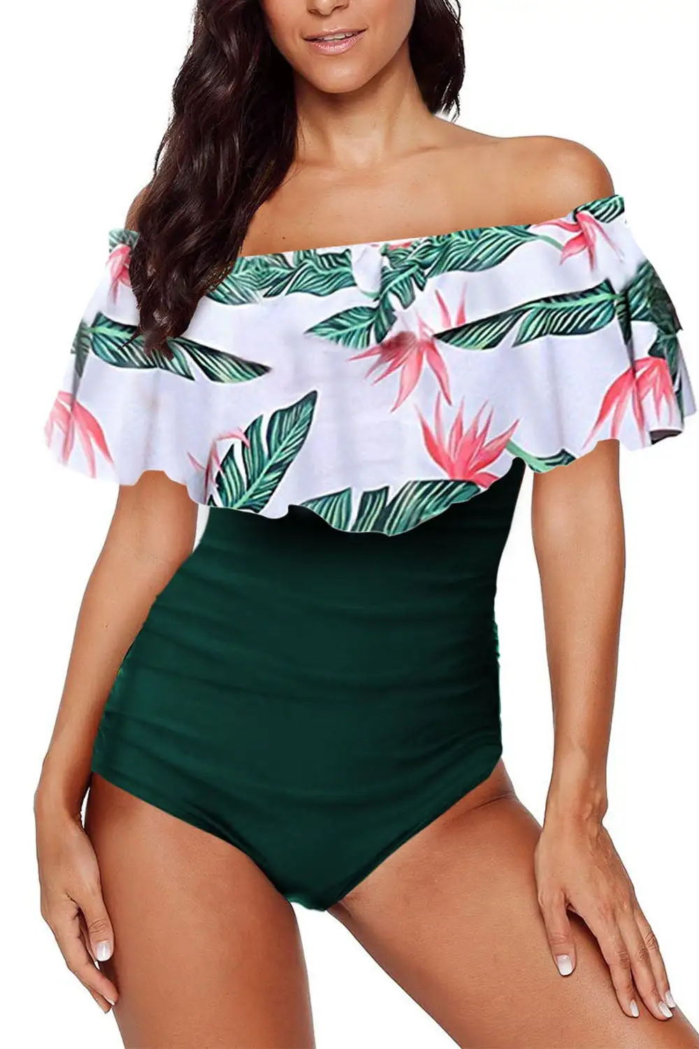 Leopard Printed Off Shoulder Flounce Overlay One-piece Swimwear