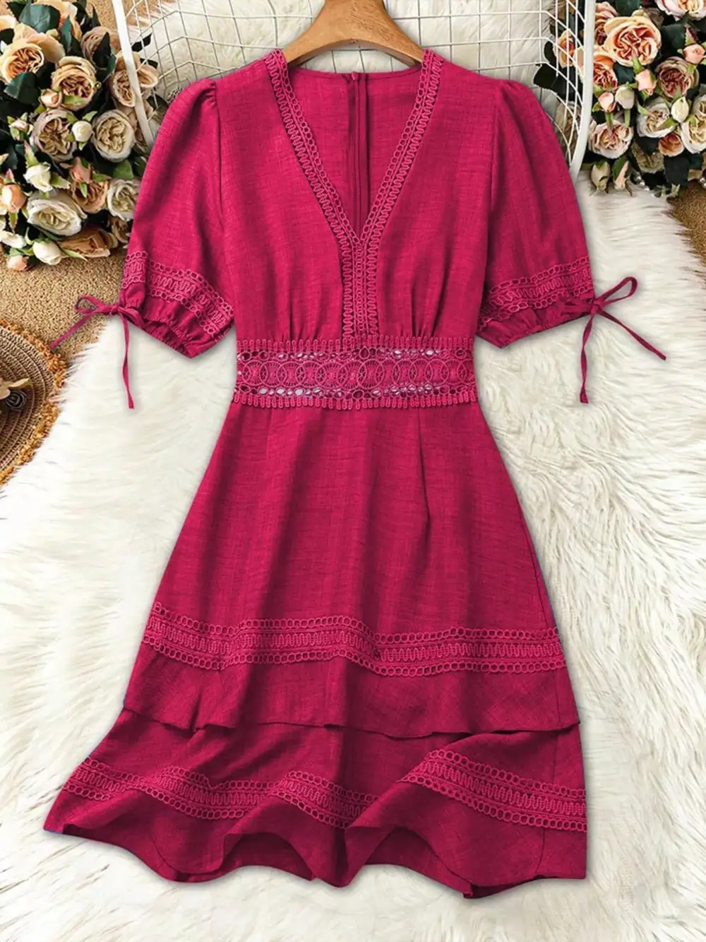 Modern Everyday Lace Detail V-Neck Mini Dress