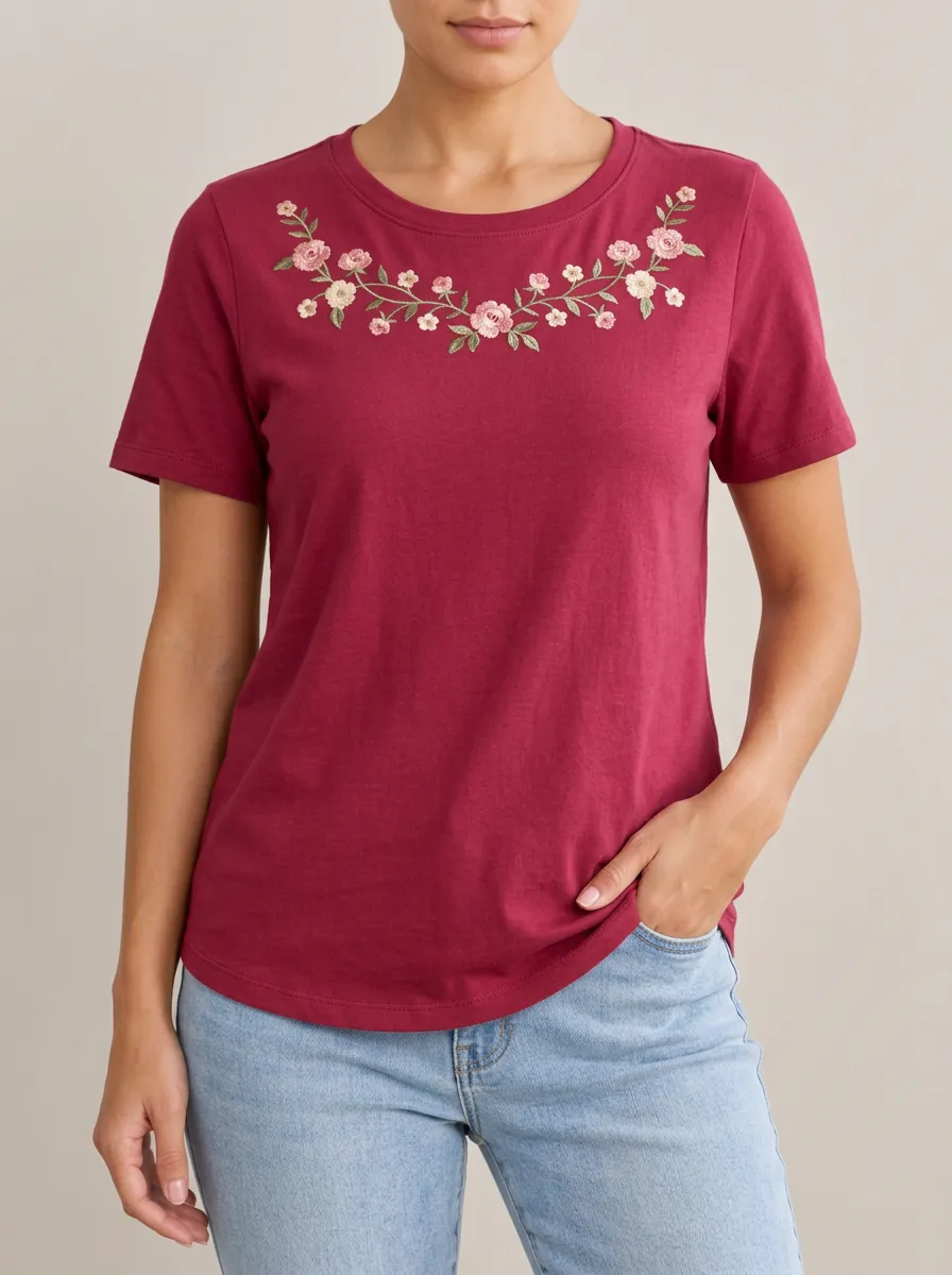 Weekend Ready Floral Print Embroidered Detail Women's Short Sleeve Jersey Tee