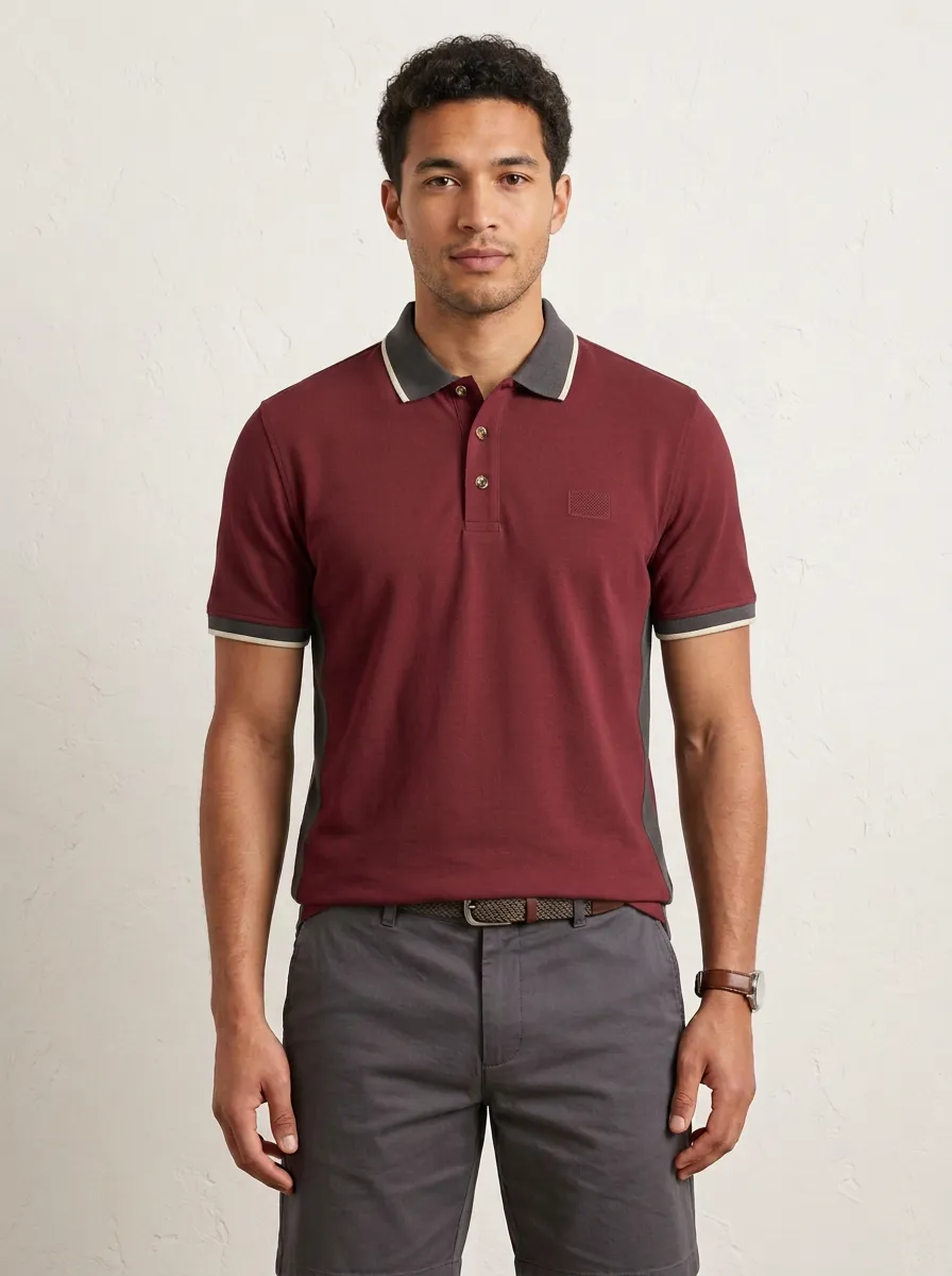Men's Sage Green Contrast Panel Tipped Collar Polo Shirt