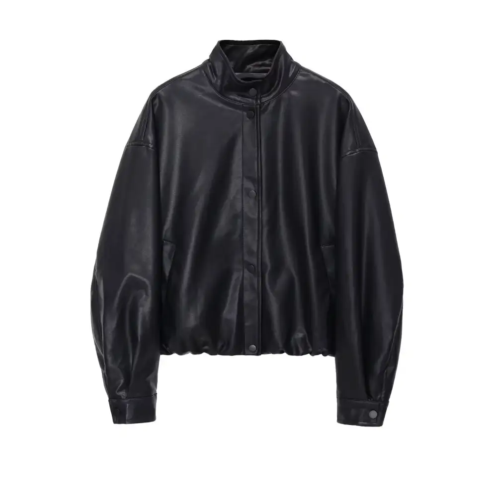 Faux Leather Stand Collar Snap Front Elastic Hem Bomber Jacket