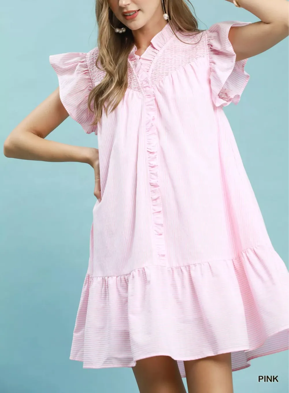 Striped V-Neck Tiered Smocked Dress