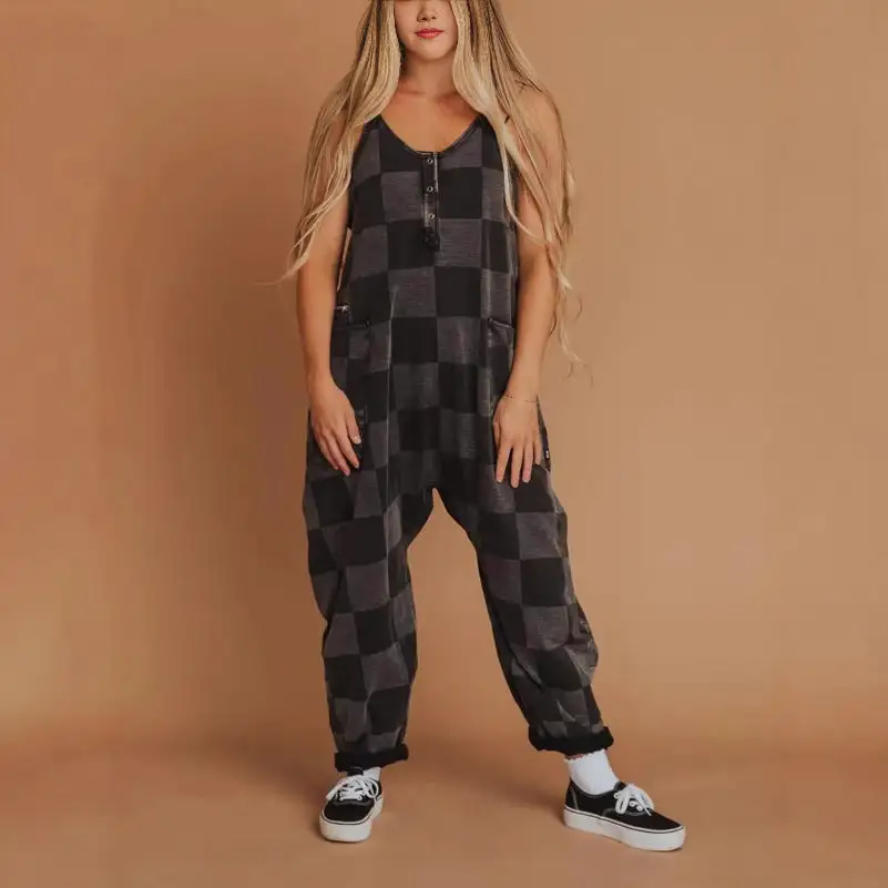Graphic Plaid-Pattern Silhouette Jumpsuit