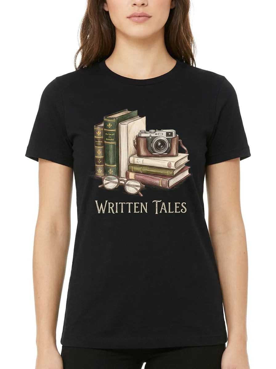 Women's Book Written Tales Vintage Camera Graphic T-Shirt