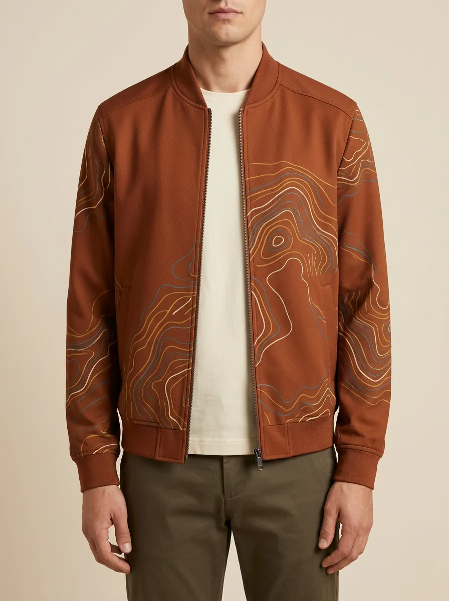 Topographic Print Welt Pockets Bomber Jacket