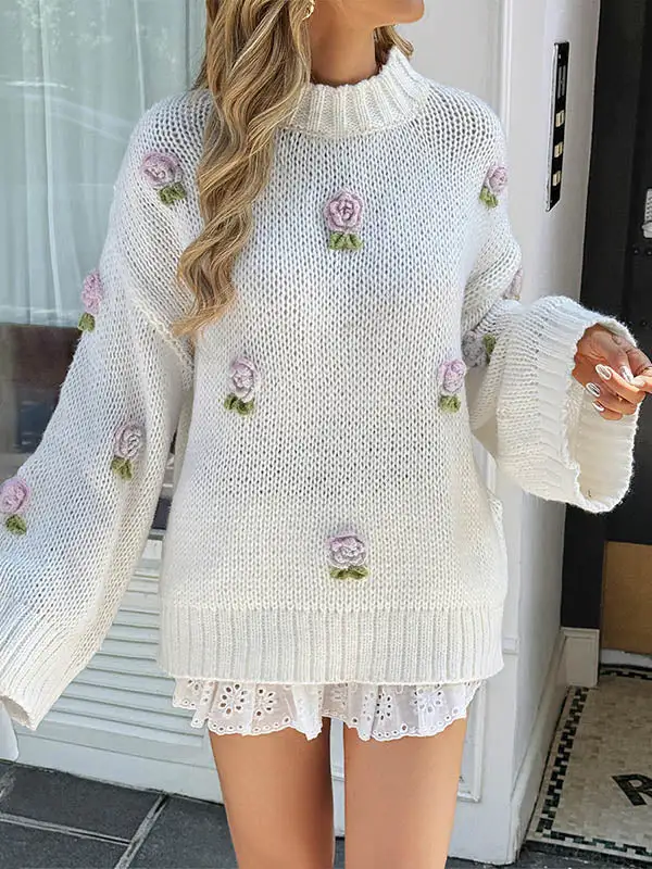 Floral Detail Paneled Mock Neck Long Sleeve Relaxed Fit Pullover Sweater