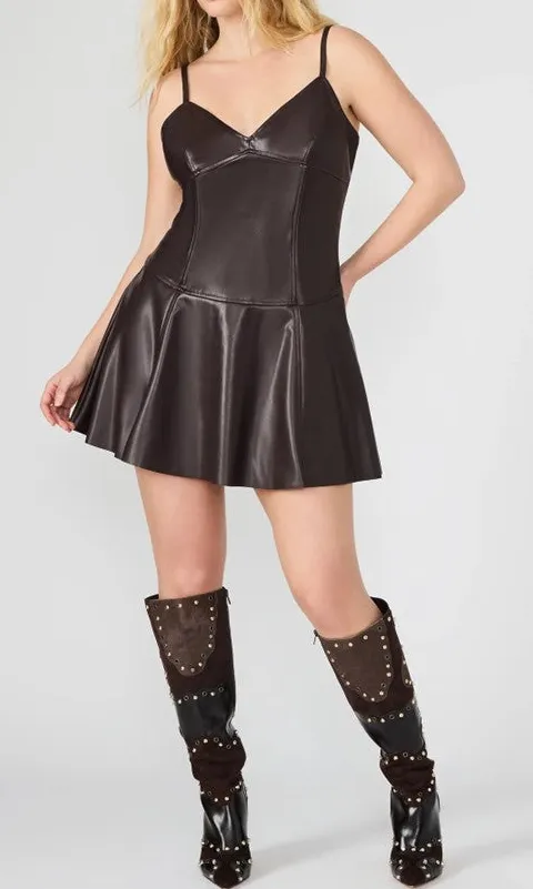 Brown Faux Leather V Neck Cami Dress