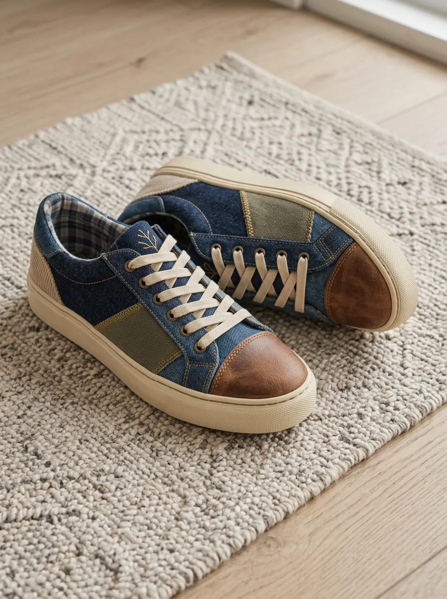 Women's Denim Patchwork Leather Toe Printed Sneakers