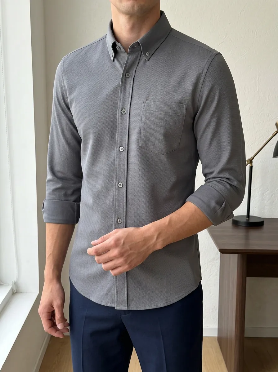 Men's Slim Fit Grey Textured Button Down Shirt