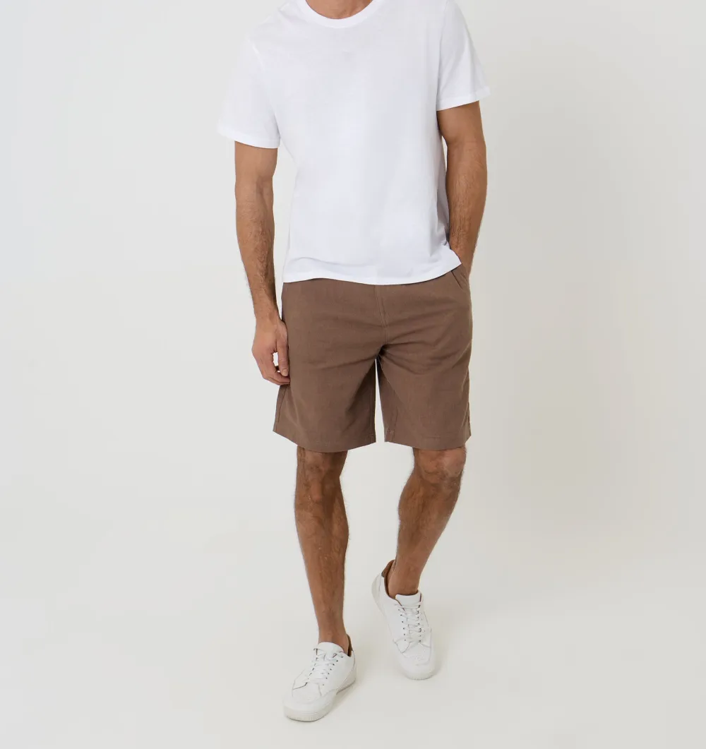Brown Linen-Blend Shorts