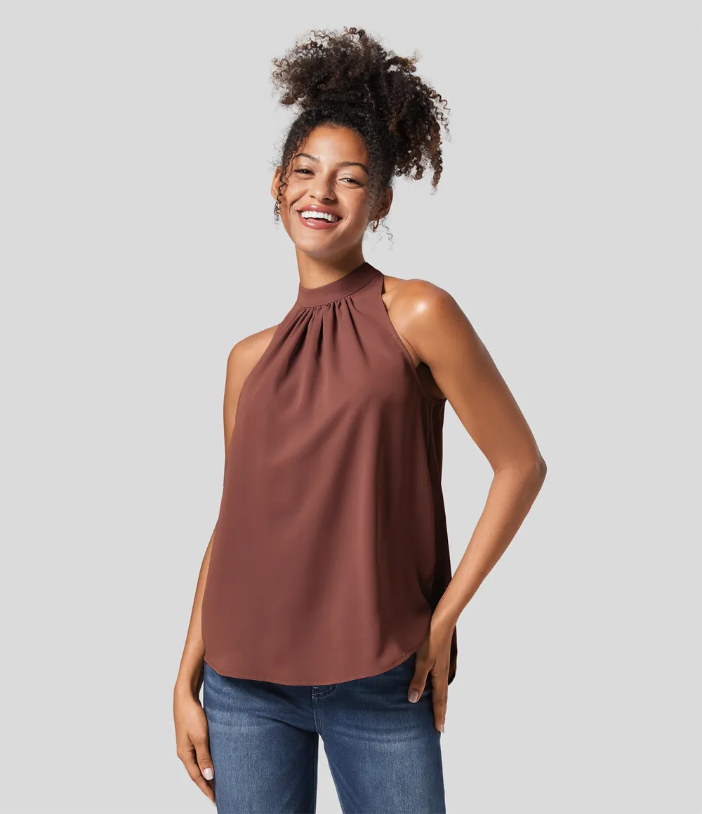 Keyhole Back Halter Plicated Sleeveless Curved Hem Work Blouse