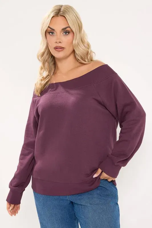 Burgundy Red Ribbed Off Shoulder Sweatshirt