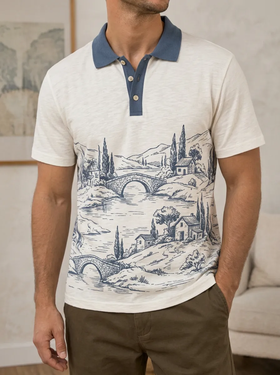 Men's Vintage Landscape Bridge Sketch Printed Polo Shirt