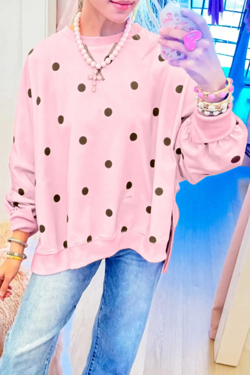 Women's Polka Dot Long Sleeve Loose Fit Pullover Top