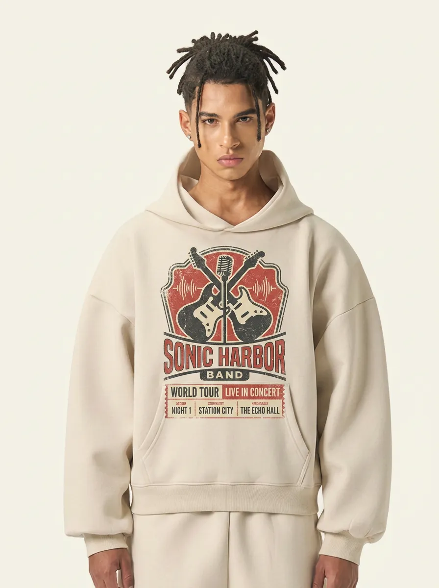 Men's Rock Music Lover Sonic Harbor Guitar Microphone Printed Hoodie