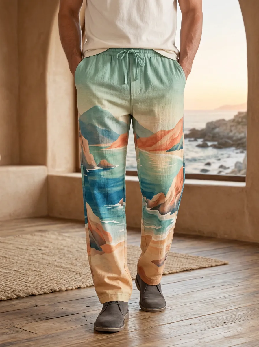 Men's Beach Landscape Scenic Printed Linen Pants