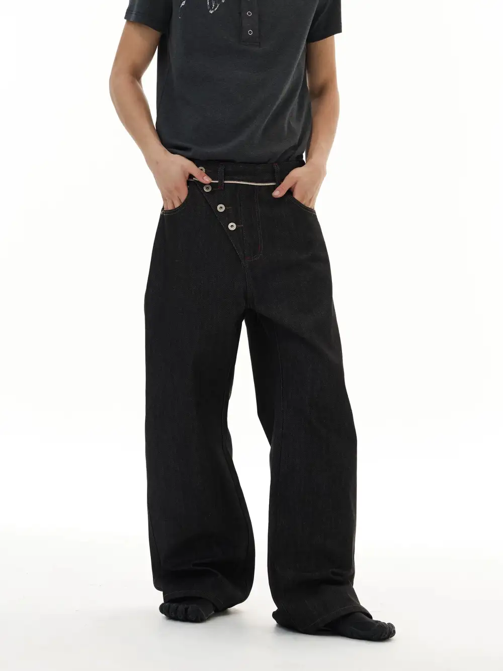 Wide-Leg Washed Contrast-Stitch Jeans