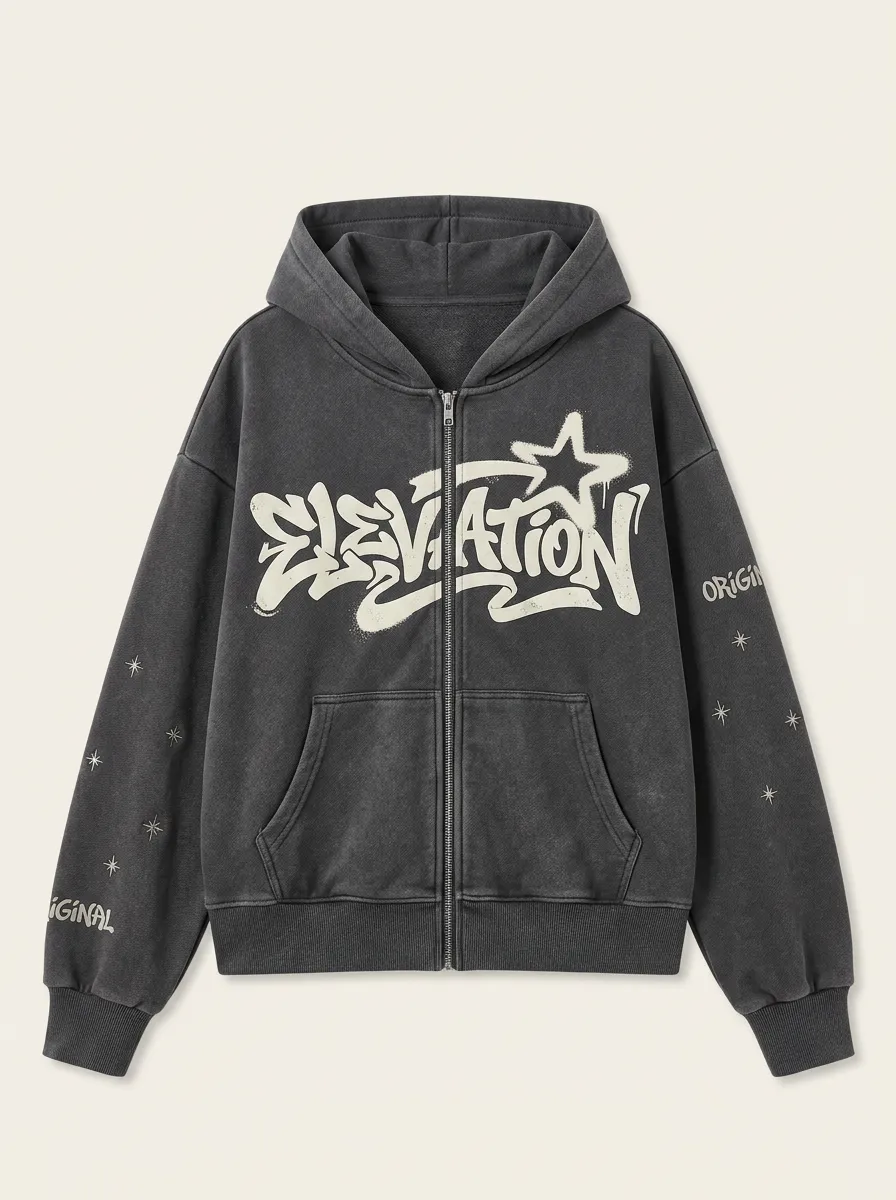 Unisex Streetwear Elevation Graffiti Star Printed Zip-up Hoodie