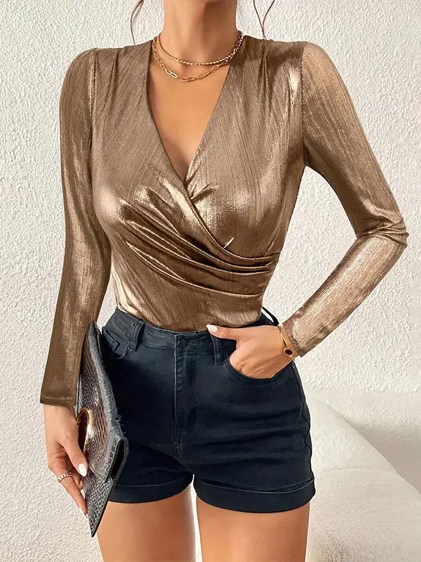 Long Sleeve Slim Fit Pleat Detail Shiny Panel Detail V-Neck T-Shirt