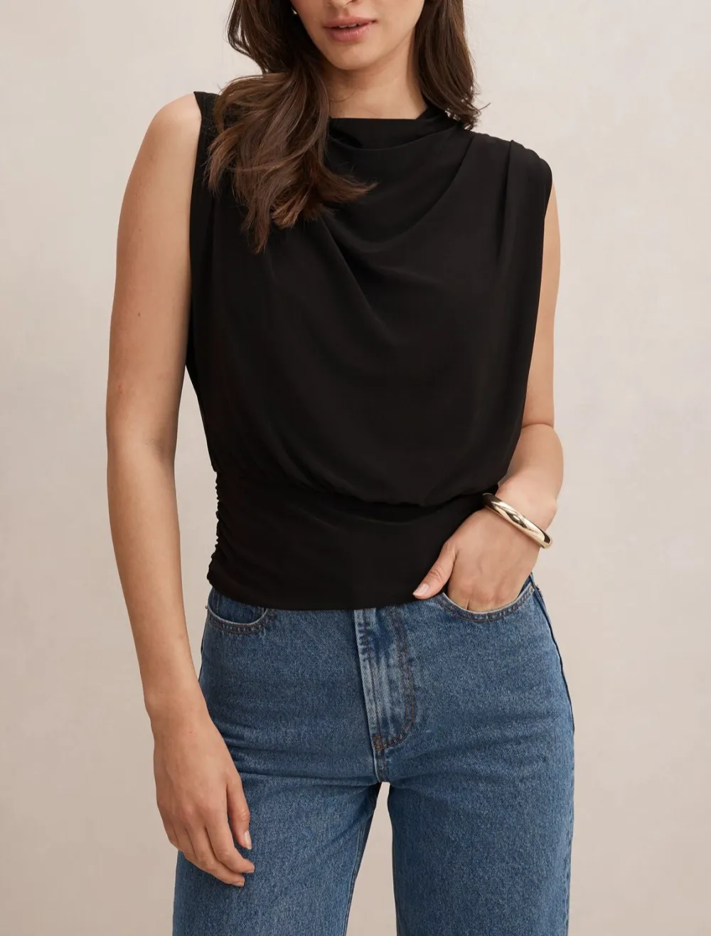 Black Cinched Waist Sleeveless Tank Top