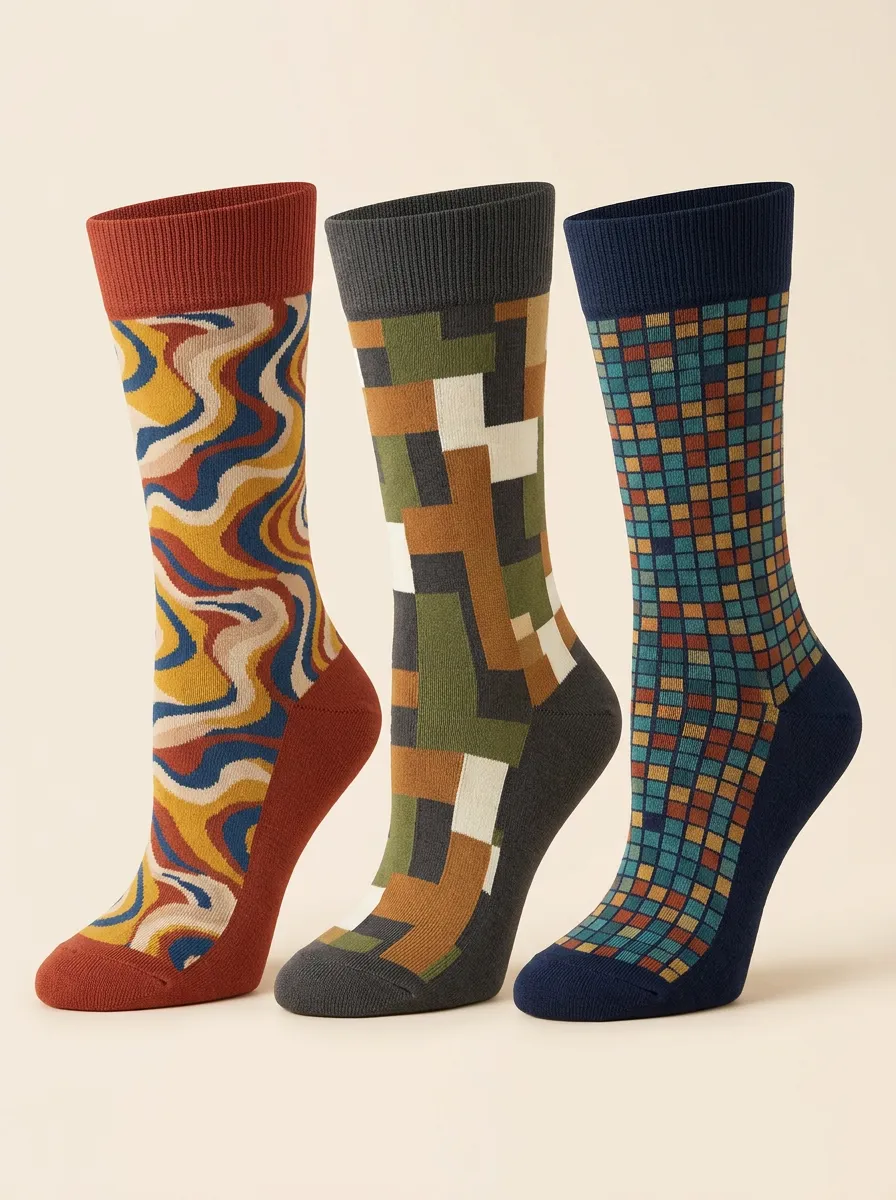 Men's Retro Geometric Abstract Printed Three Pack Socks Everyday Design