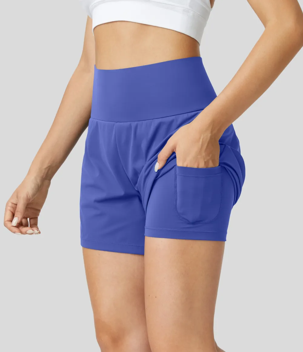 Super High Waisted Back Pocket & Side Hidden Pocket 2-in-1 Yoga Shorts 5''-Longer Length