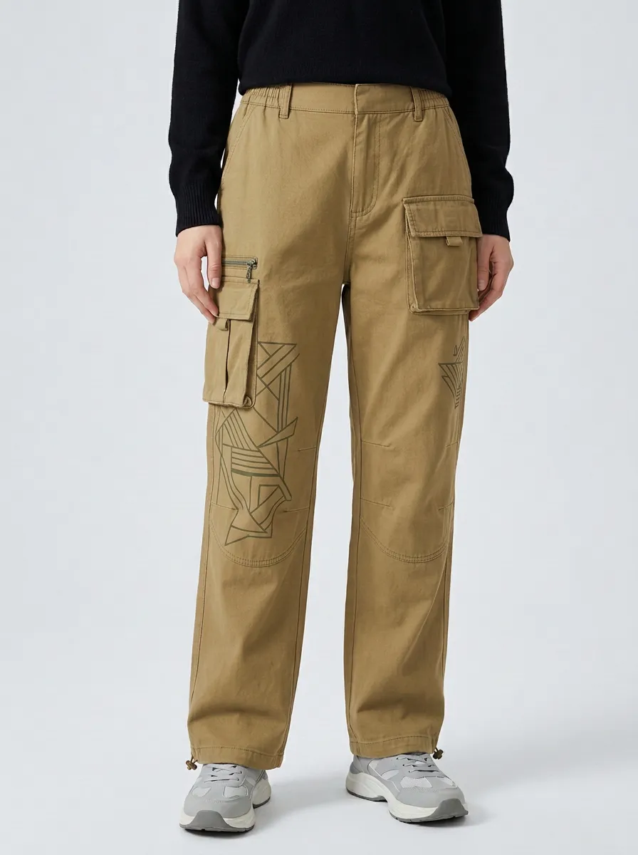 Women's Olive Green Geometric Nature Cargo Pants