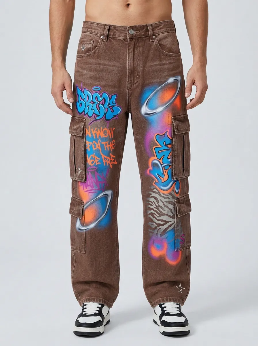 Men's Streetwear Graffiti Planet Print Graphic Cargo Jeans