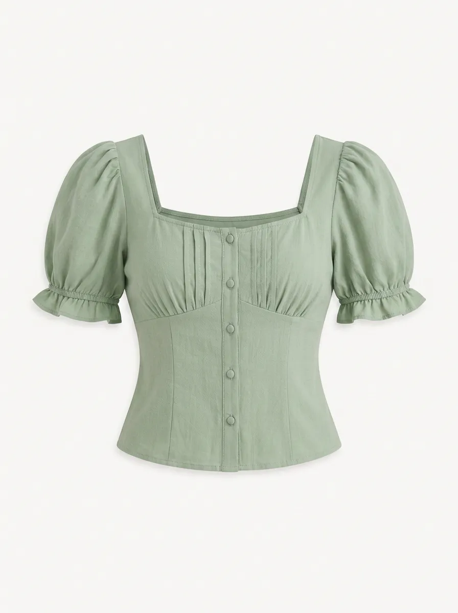 Women's Sage Green Square Neck Puff Sleeve Button Up Top