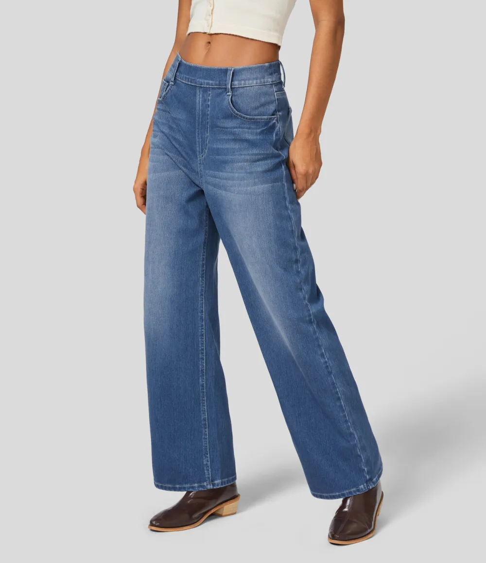 Magic High Waisted Multiple Pockets Washed Stretchy Knit Casual Boyfriend Jeans