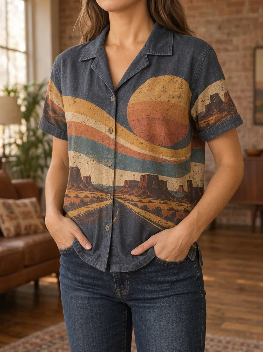 Women's Trail Retro Desert Landscape Sunset Shirt