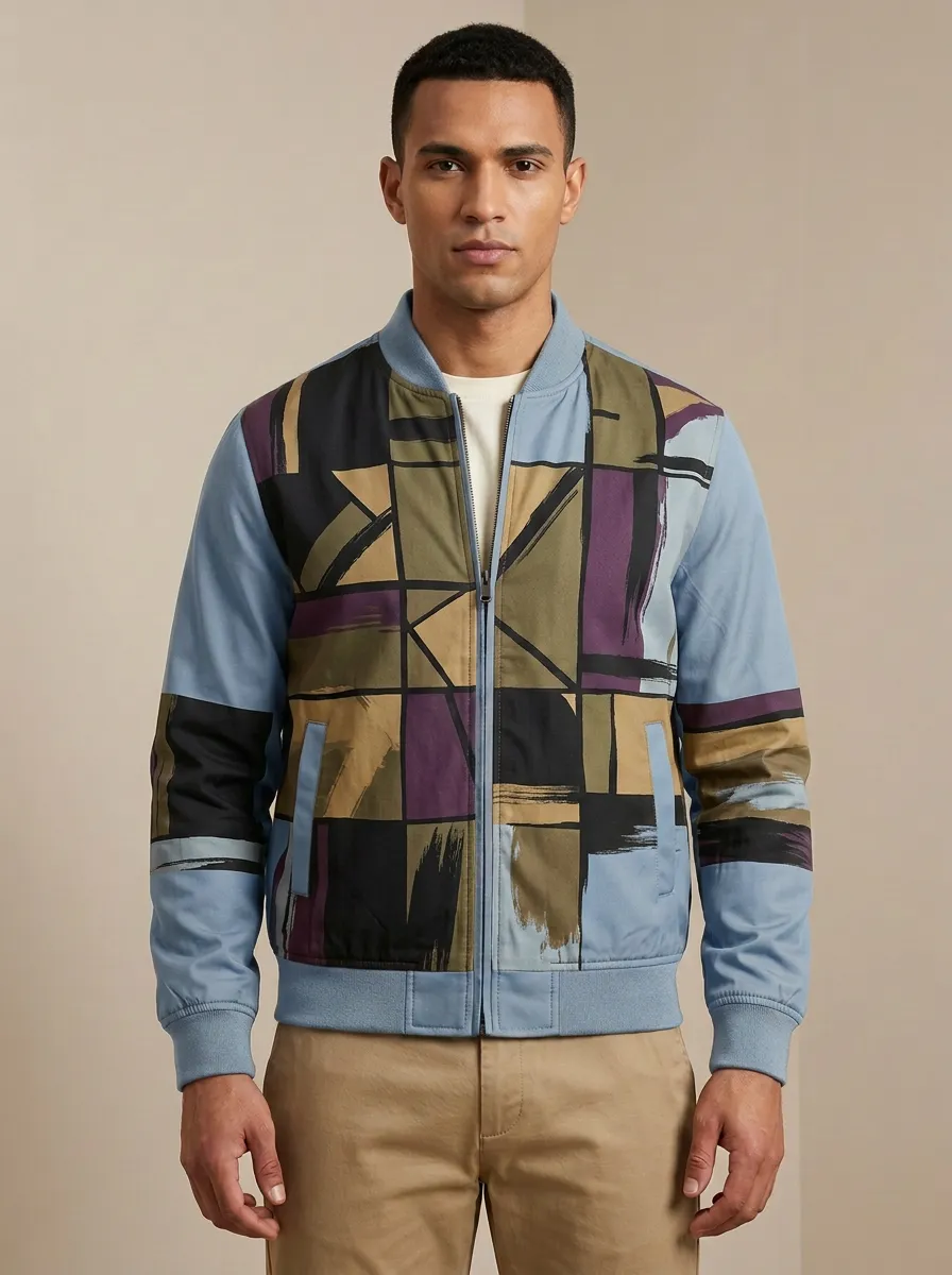 Geometric Print Ribbed Trim Welt Pockets Bomber Jacket