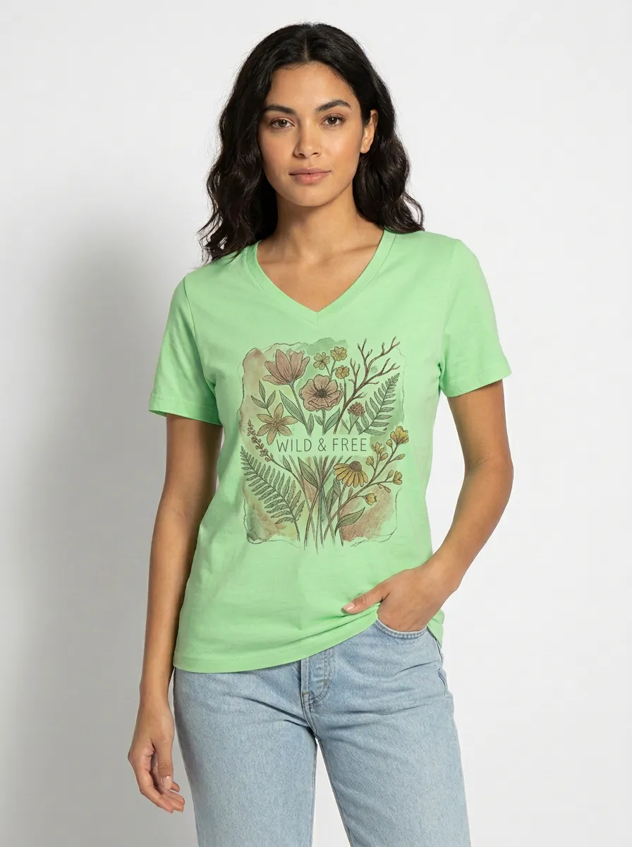 Women's Wild & Free Nature-Inspired Floral Watercolor Printed V-Neck T-Shirt