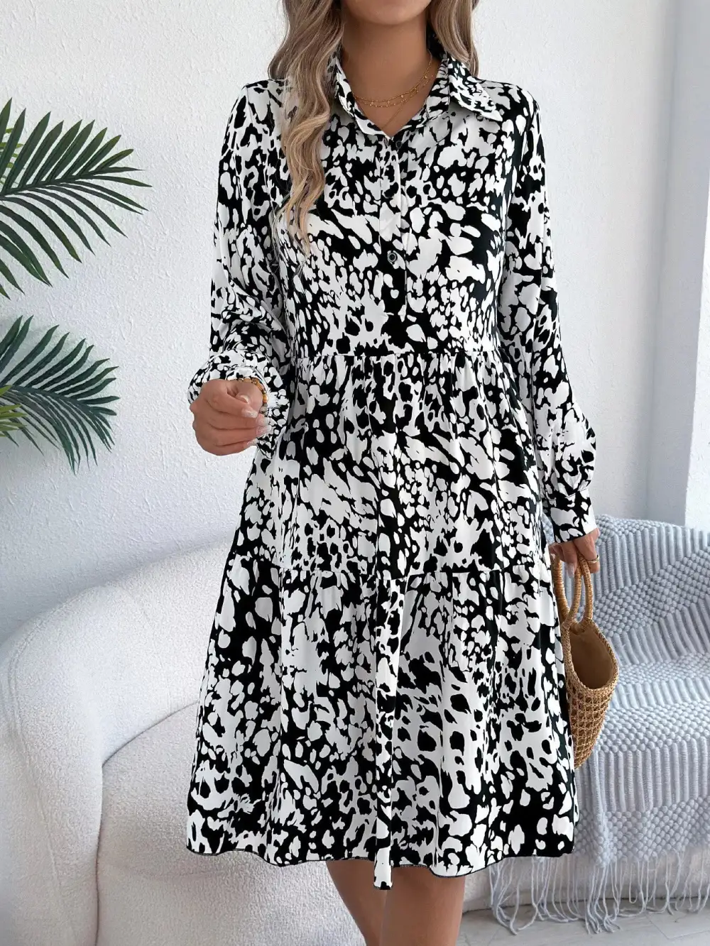 Printed Long Sleeve Collared Dress Casual