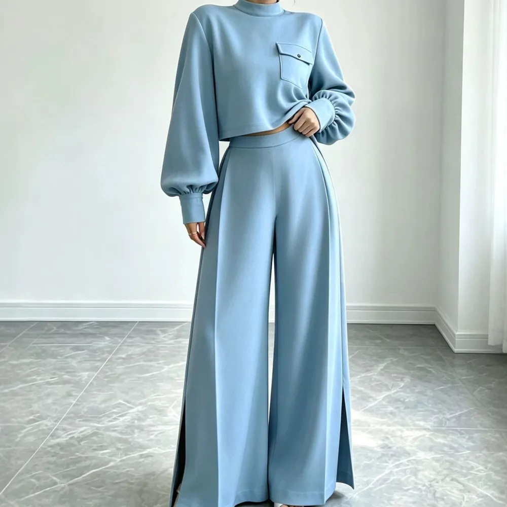 Wide-Leg Long-Sleeve Knit Women's Matching Set