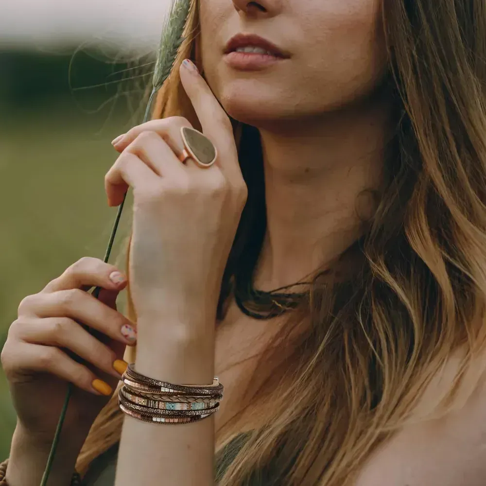 Fesciory Leather Wrap Bracelets for Women, Boho Leopard Multi-Layer Crystal Beads Cuff Bracelet Jewelry