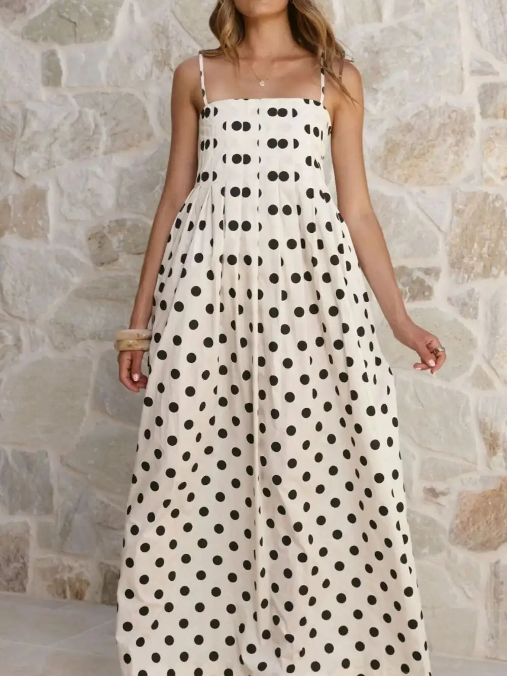 Polka Dot Pleated Maxi Dress