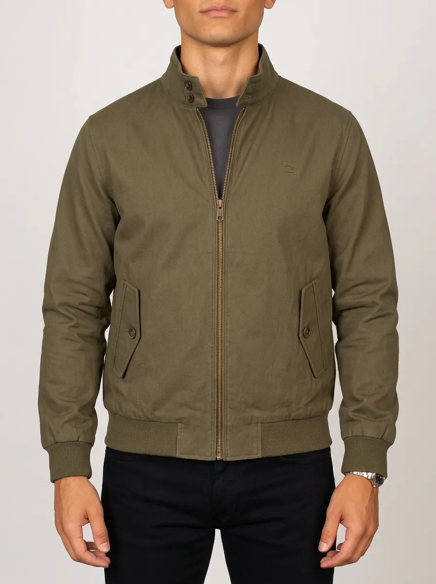 Men's Olive Green Casual Stand Collar Zip-Up Jacket